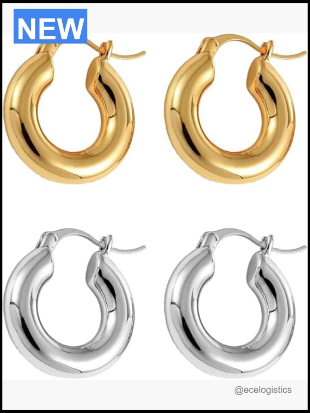 2 Pair Chunky Huggie Hoop Earrings Set Gold Silver Oval Twisted